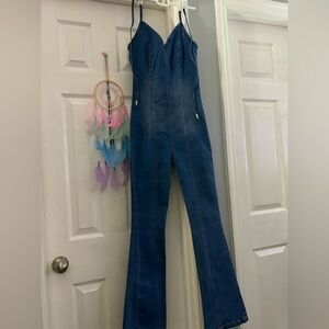 Denim Sleeveless Flared Jumpsuit - Blue